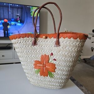 Handcrafted Hand Made Floral Straw Tote Bag - Orange Floral Accents
